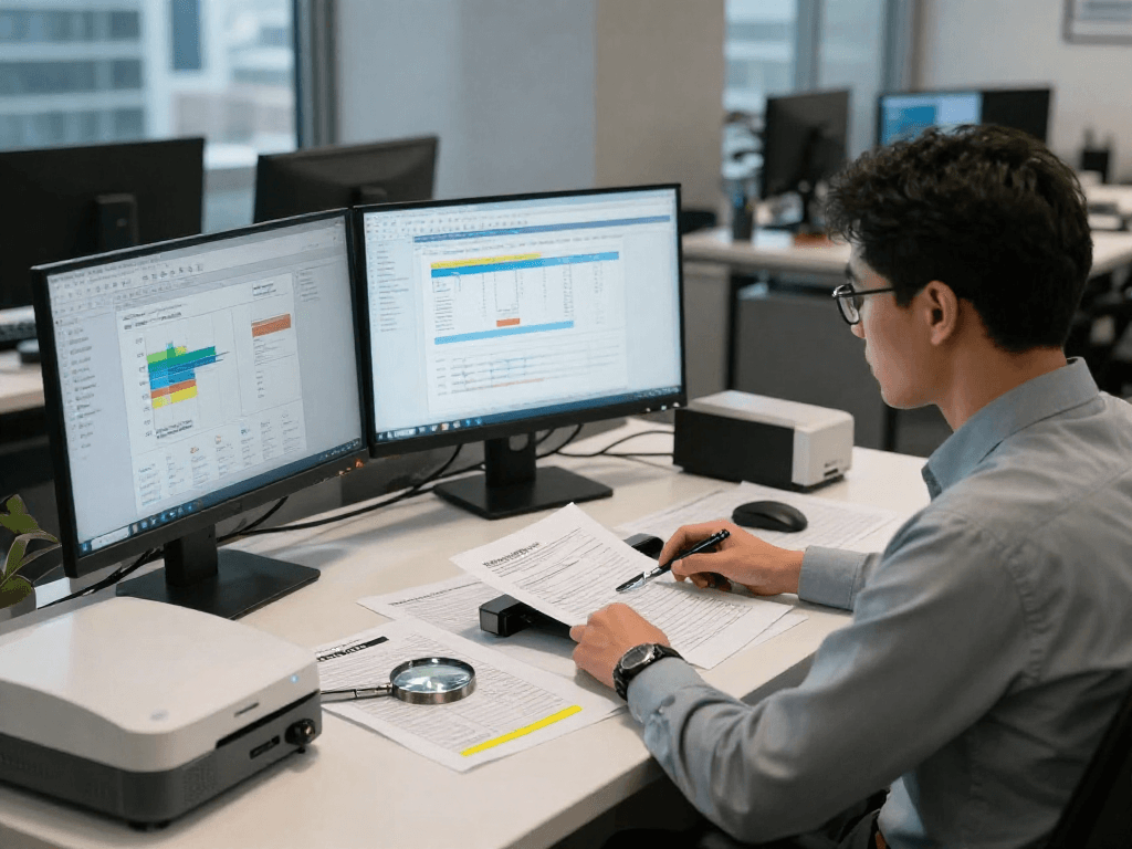 Office analyst reviewing documents with advanced document fraud detection software and analysis tools.
