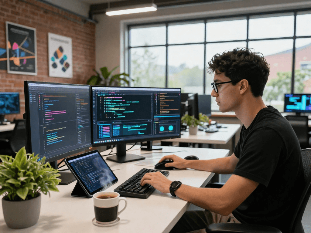 Juicy ai software engineer in a modern workspace developing innovative AI algorithms.