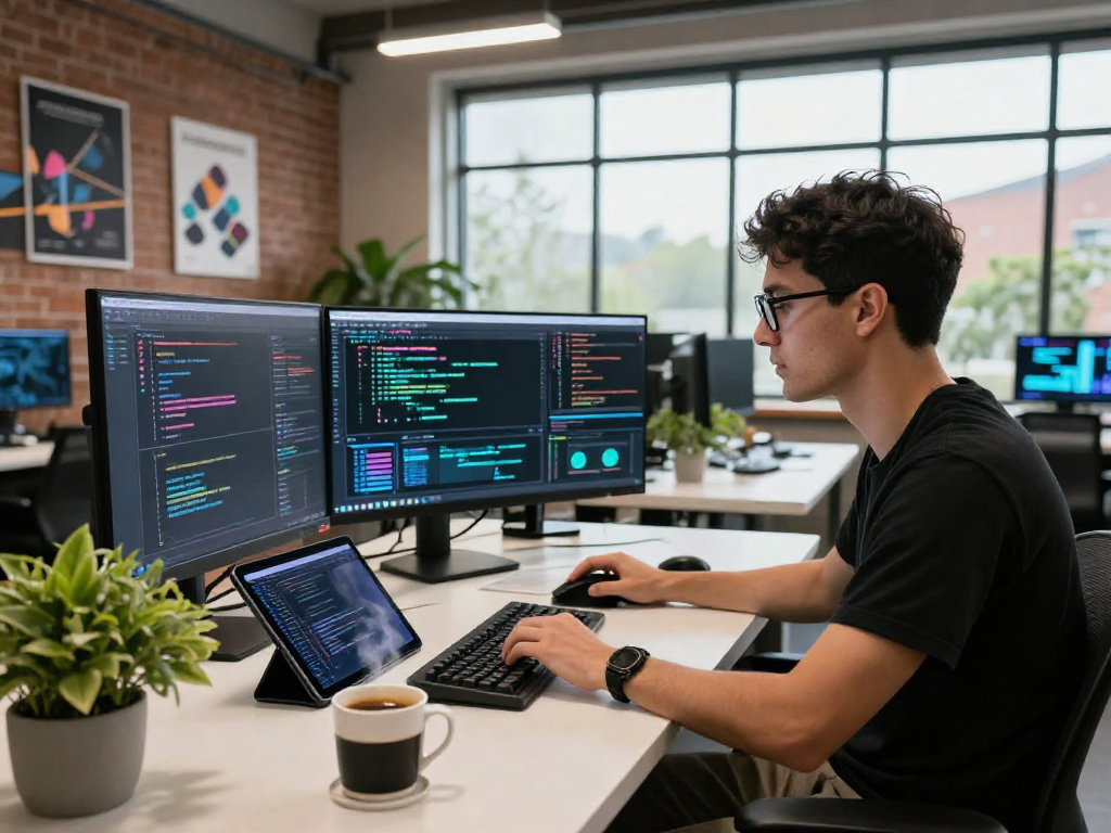 Juicy ai software engineer in a modern workspace developing innovative AI algorithms.