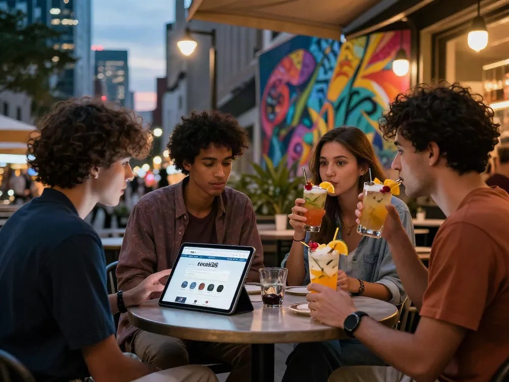 Group of friends enjoying drinks while browsing rokok88 brand on a tablet in a vibrant urban café setting.