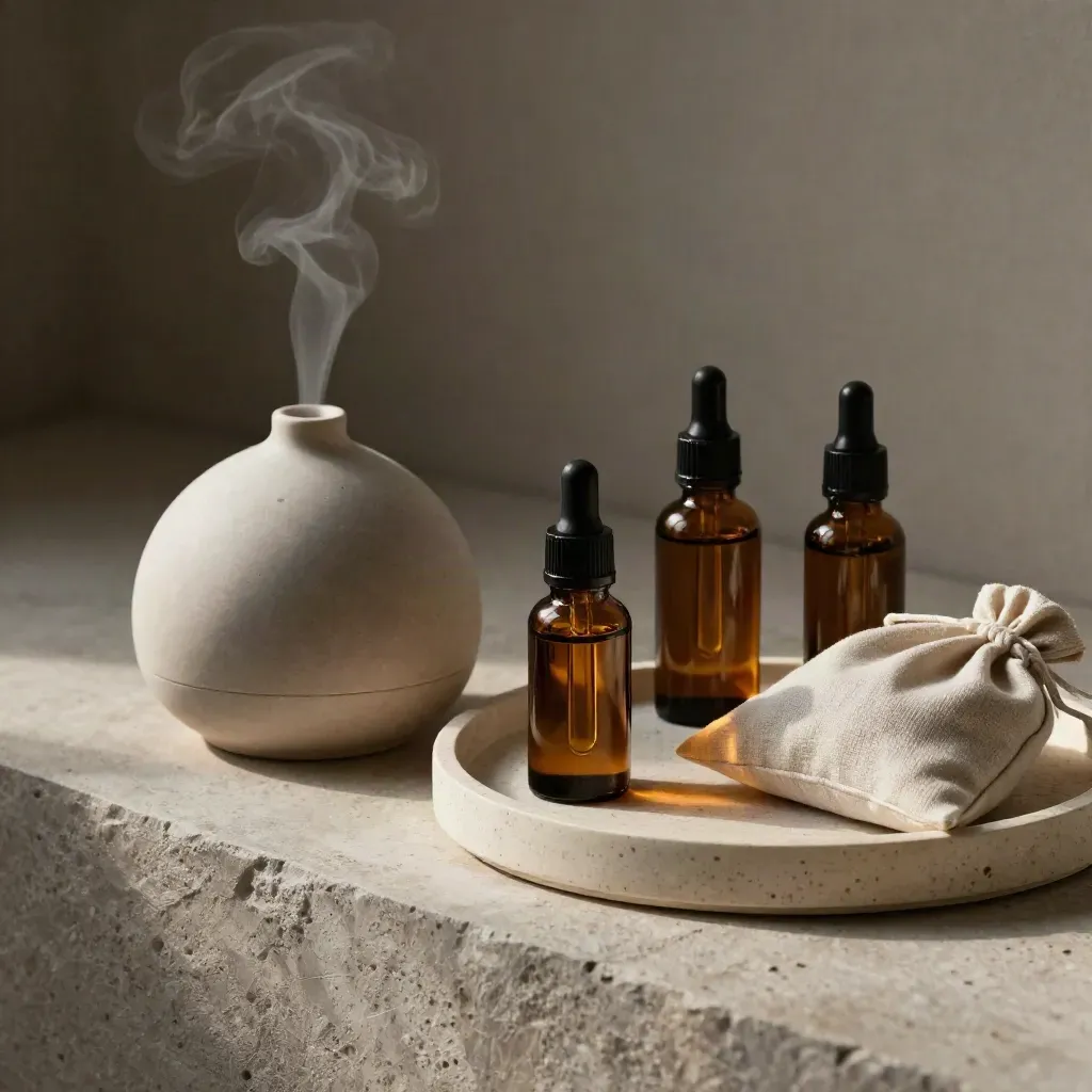 Diffusore in ceramica con flaconi di oli essenziali e sacchetto di lino su vassoio in travertino