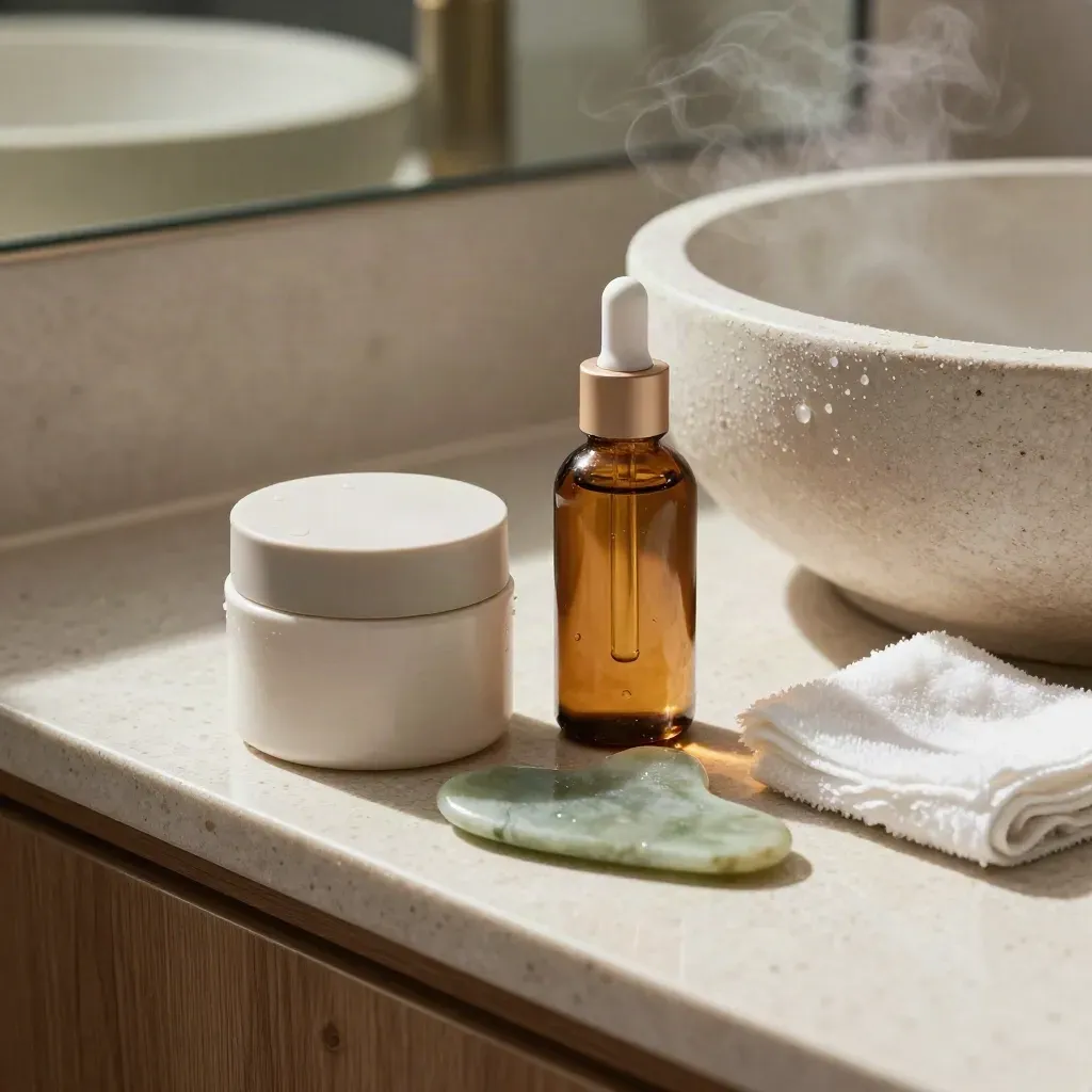 Set skincare naturale su lavabo in pietra con vapori, gua sha, siero e asciugamano