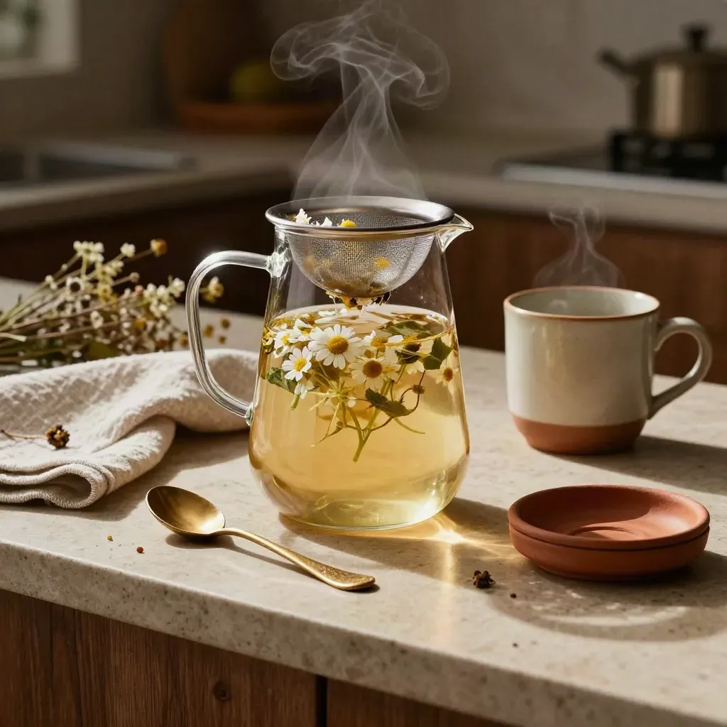 Infusione di tisana con erbe secche, teiera in vetro, tazza calda e vapore morbido.