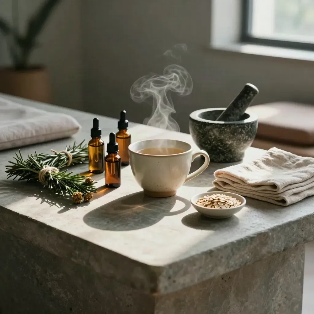 Altare benessere con tisana fumante, erbe, oli essenziali e pietra in luce d’alba.
