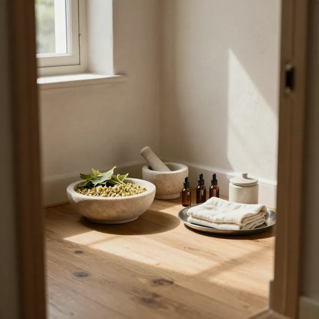 Angolo naturopatico con mortaio, bottiglie ambrate e vassoio per il sonno in luce calda.