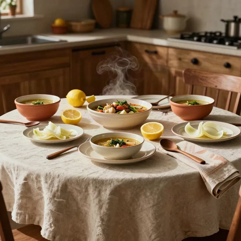 Tavola familiare detox con brodo, verdure al vapore, agrumi e piatti in ceramica su lino.