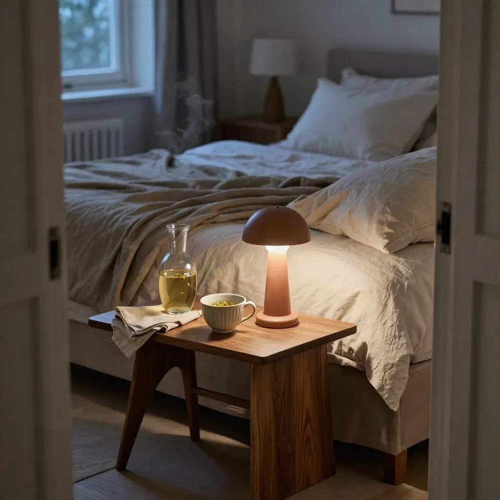 Comodino con tisana alla camomilla, lampada attenuata e lenzuola di lino nella luce blu