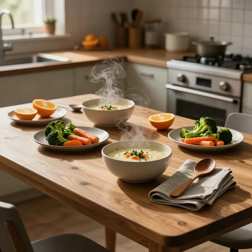 Tavola familiare con brodo, verdure al vapore, agrumi e piatti in ceramica.