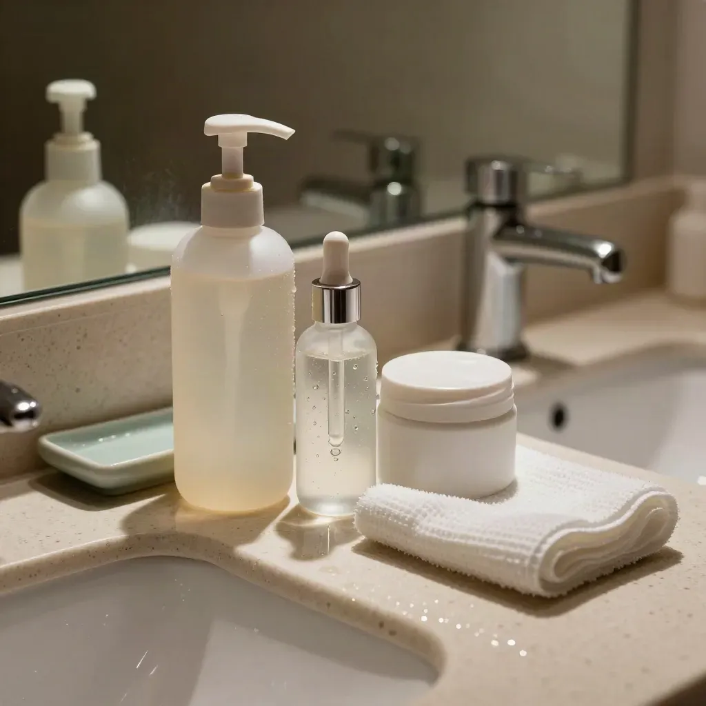 Vanity bagno con detergente, siero, crema e panno umido accanto al lavabo velato di condensa.