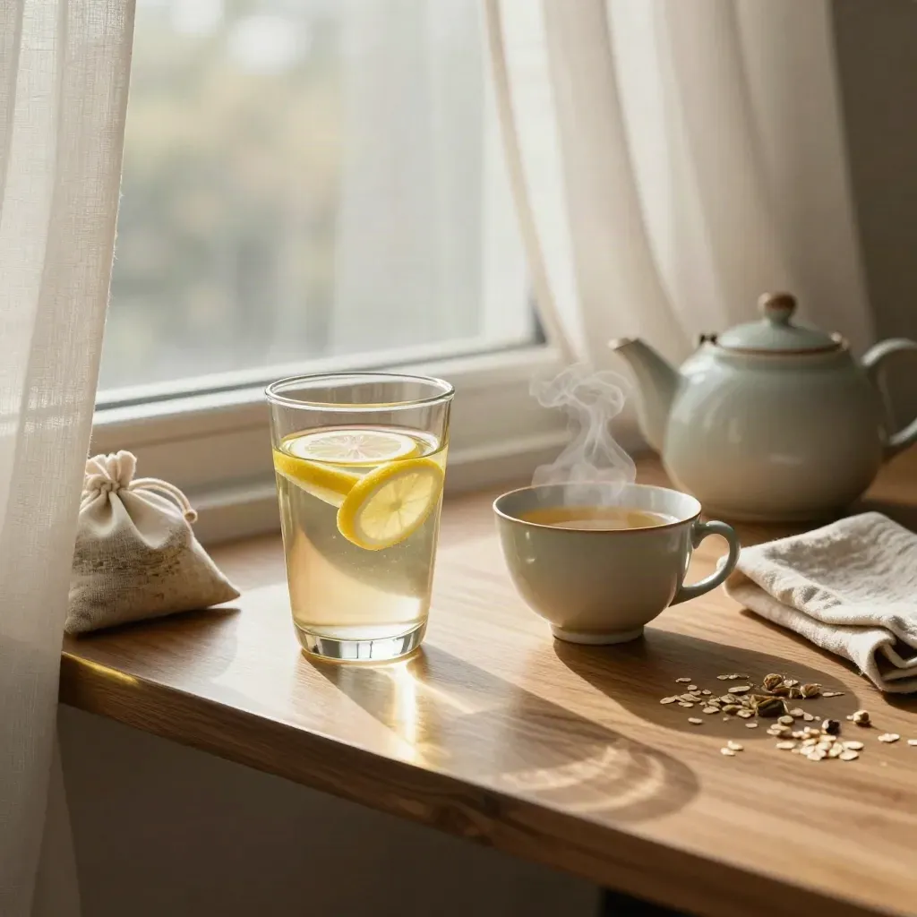 Vetro d’acqua tiepida al limone, tisana fumante e tenda aperta alla luce del mattino.