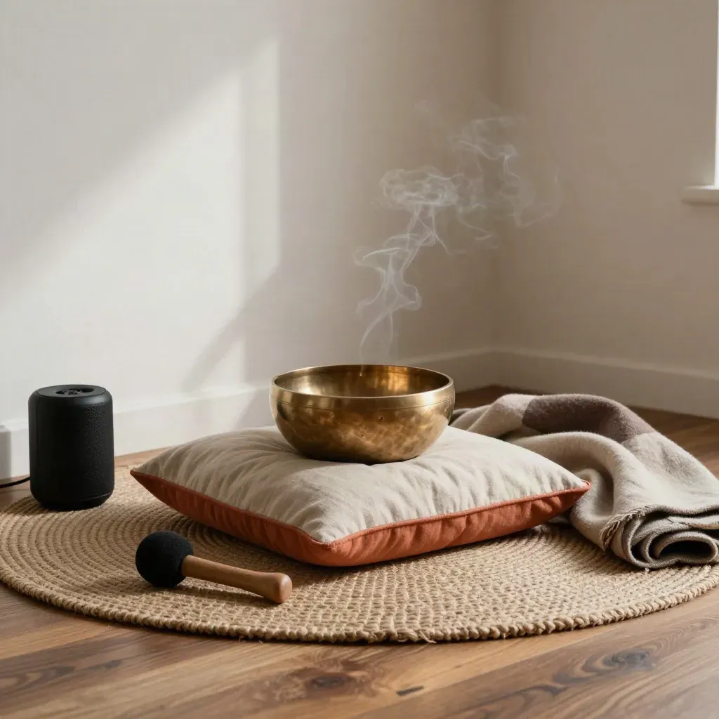 Angolo meditazione con ciotola sonora, cuscino, speaker chiuso e coperta piegata in una stanza calma.