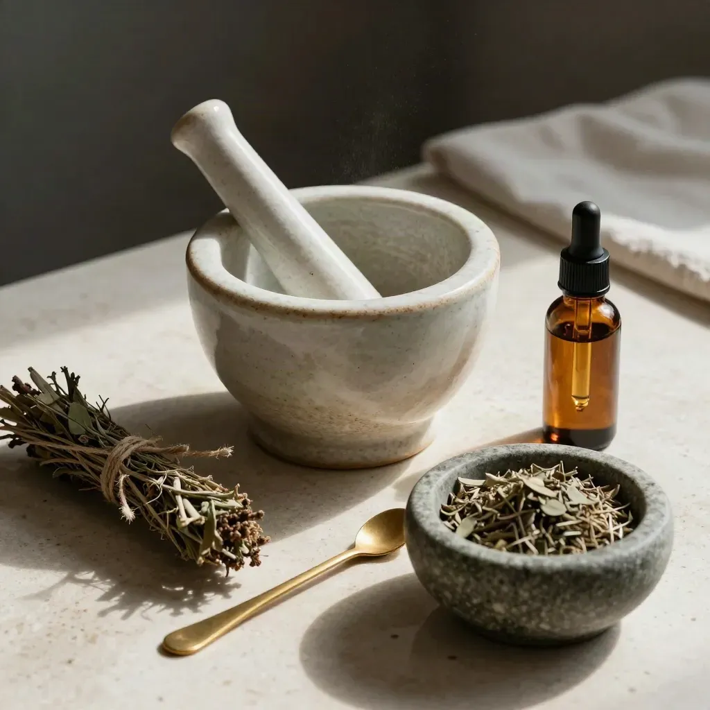 Mortaio in ceramica con erbe secche, contagocce ambrati e cucchiaio in ottone su travertino.