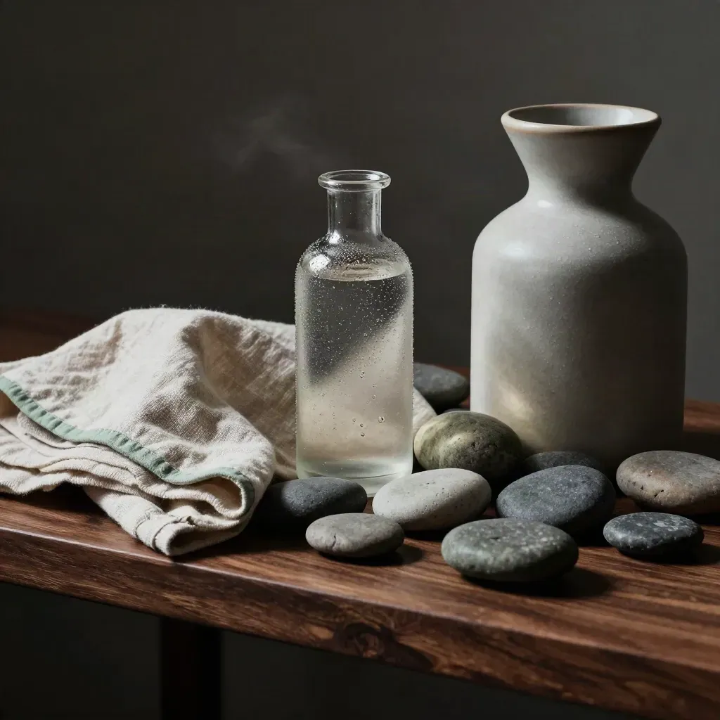 Bottiglia d’infusione, caraffa in ceramica e pietre su mensola scura, luce drammatica.