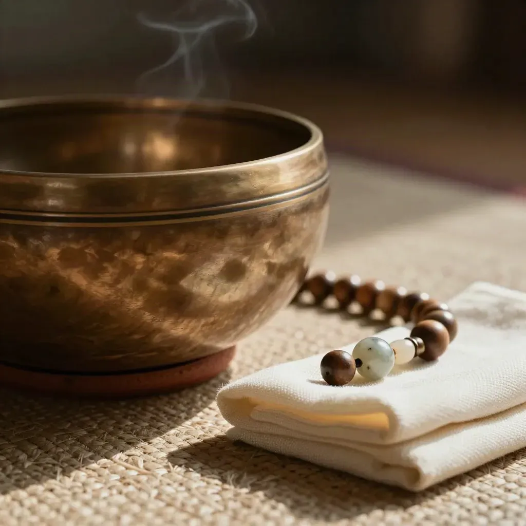 Ciotola tibetana, mala, diffusore in sughero e panno da meditazione su tappeto intrecciato.