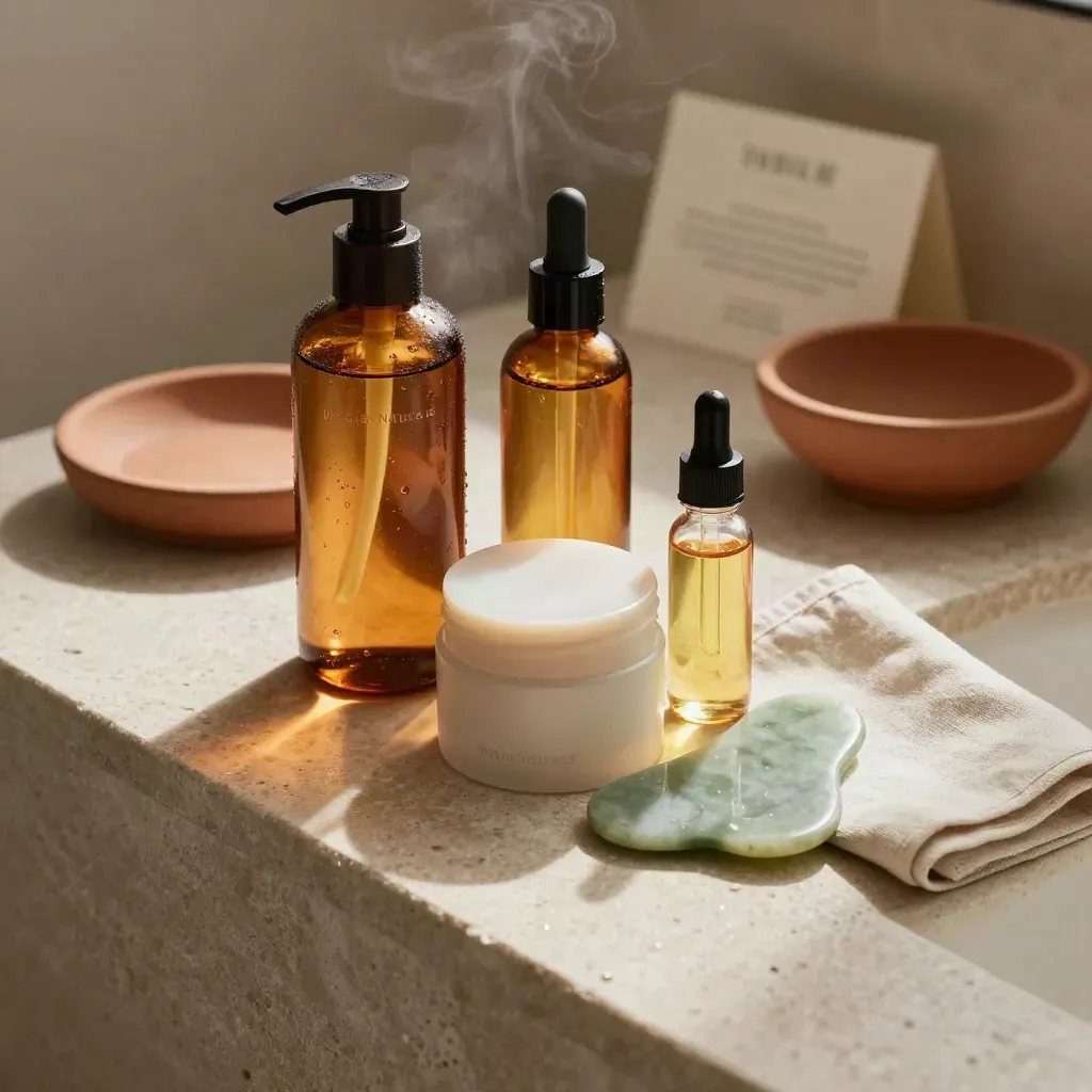 Flacone detergente ambrato, crema, olio e pietra gua sha su vanity in pietra, tra vapori.