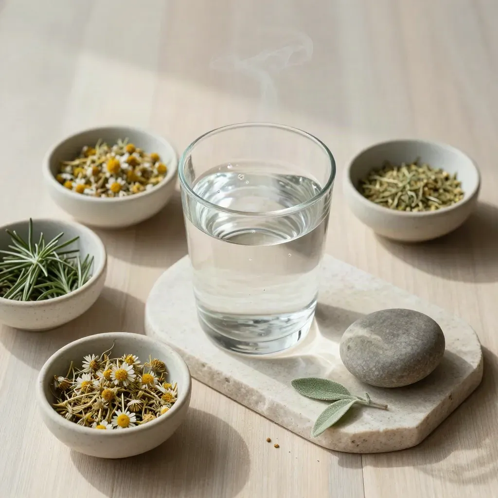 Vaschetta di ceramica con tisane, bicchiere d’acqua e pietra liscia su legno chiaro