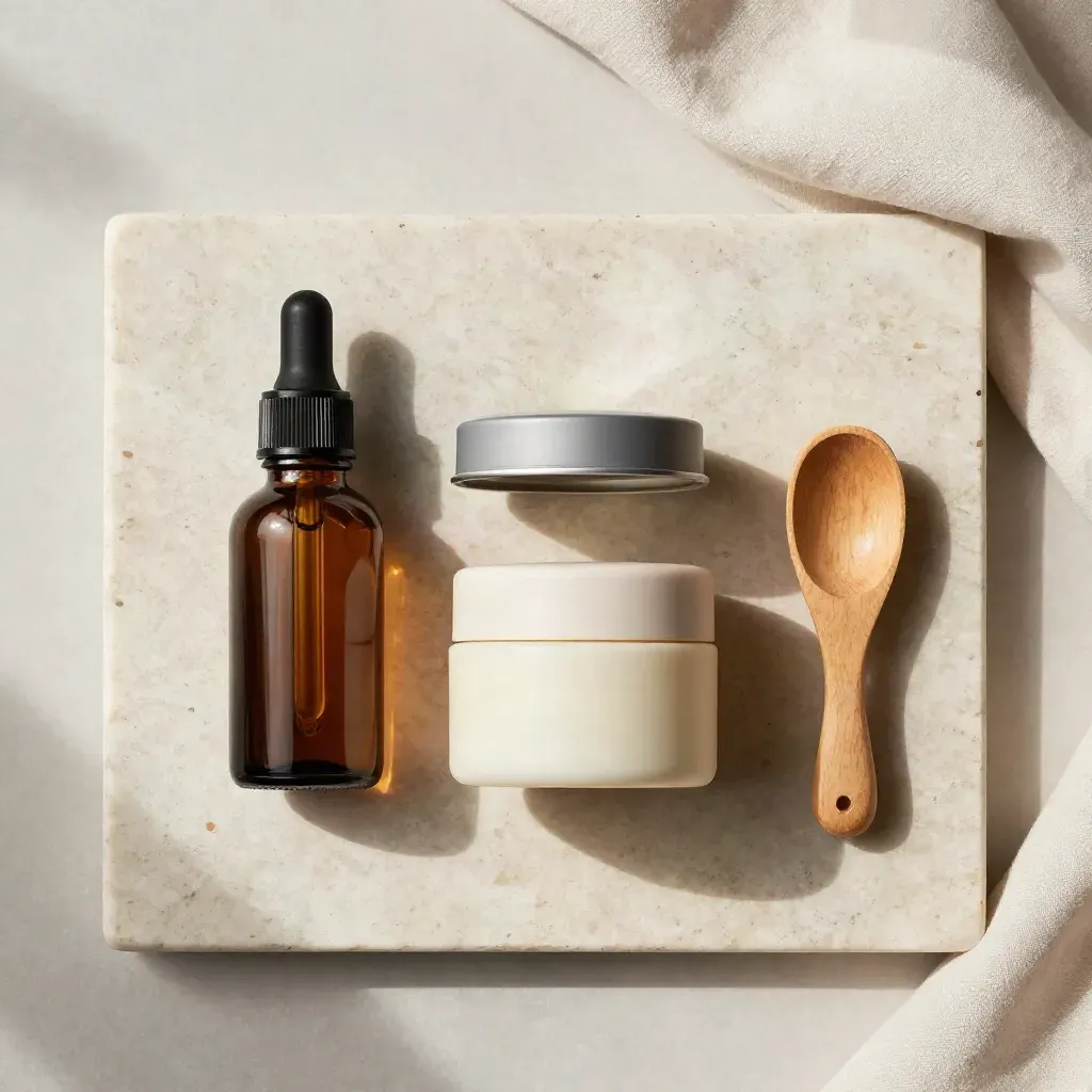 Flatlay dall’alto con flacone ambrato, tin tea, crema e cucchiaio su travertino.