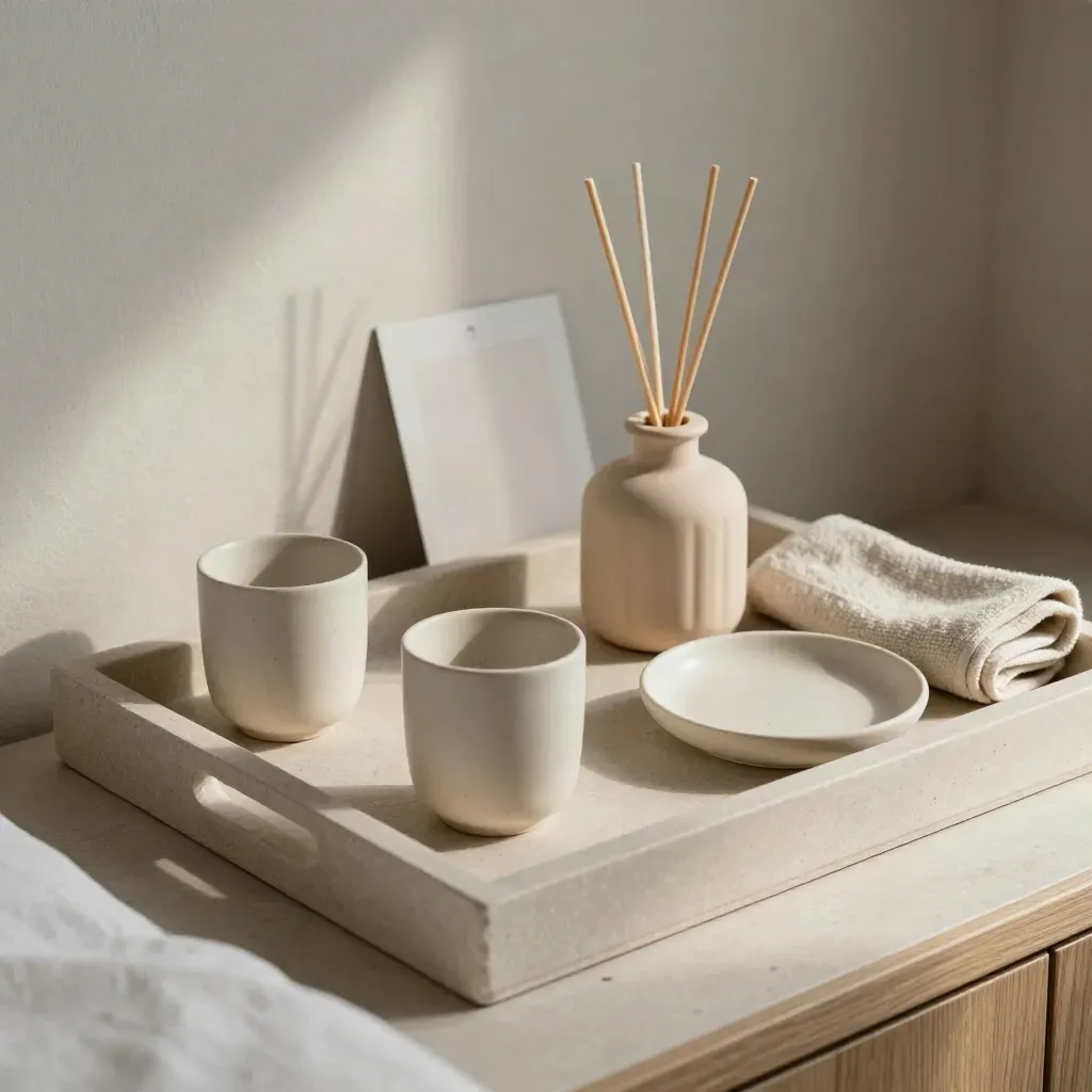 Vassoio notturno con tazze in ceramica, diffusore a bastoncini, asciugamano piegato e piattino.