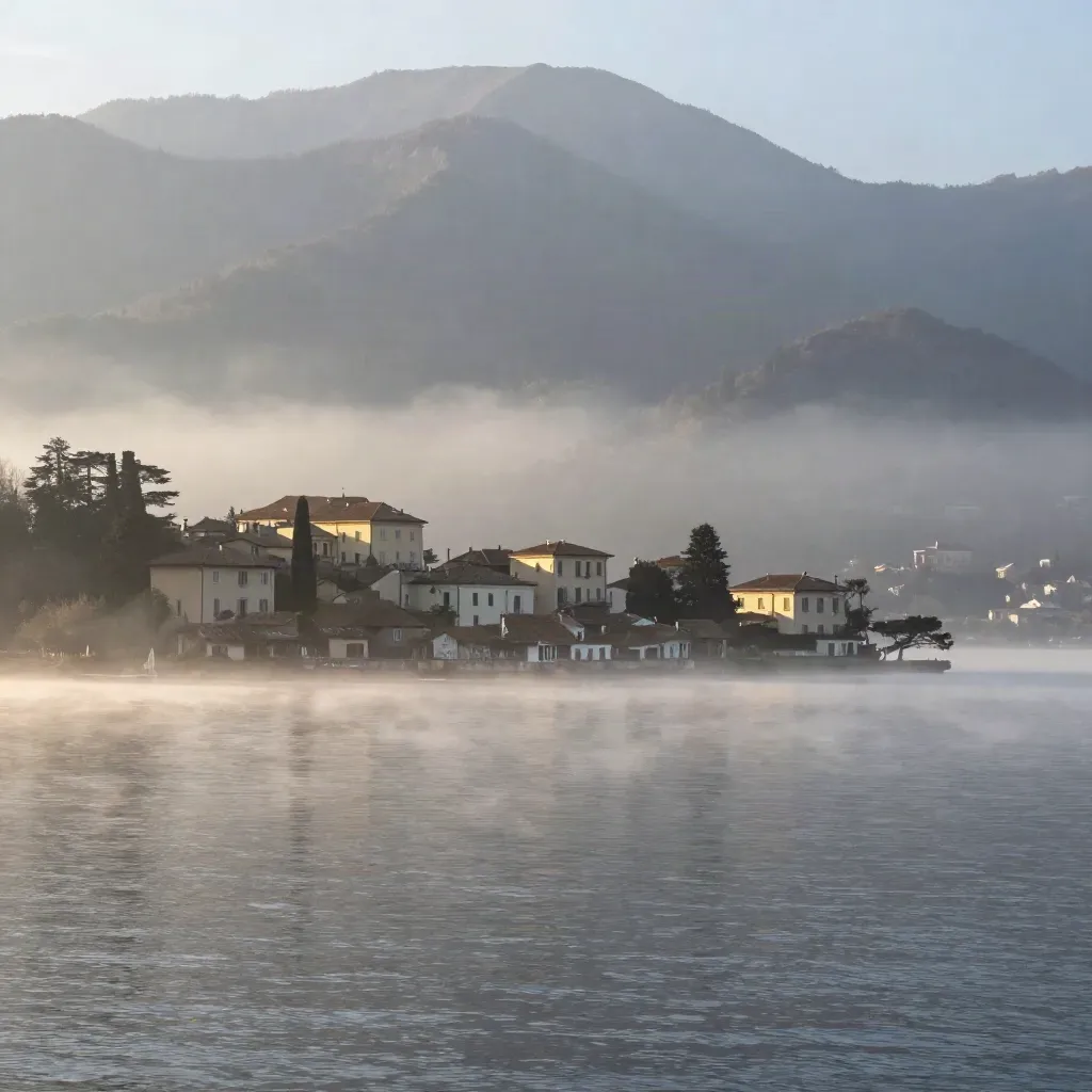 Lago di Como all’alba, ville e cipressi nella nebbia, acqua calma in primo piano.