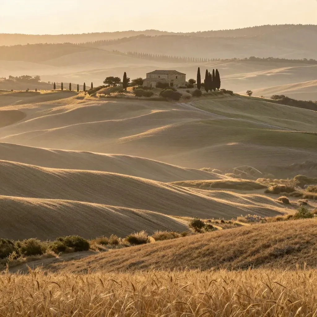 Val d’Orcia al tramonto con colline morbide, cipressi e un casale lontano.