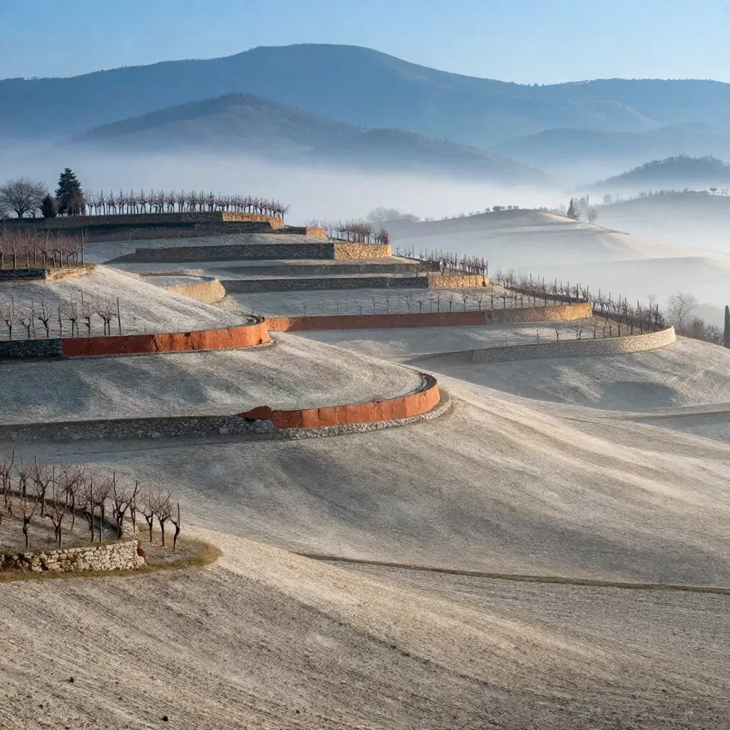 Terrazze vitate del Piemonte nella nebbia mattutina con le Alpi sullo sfondo