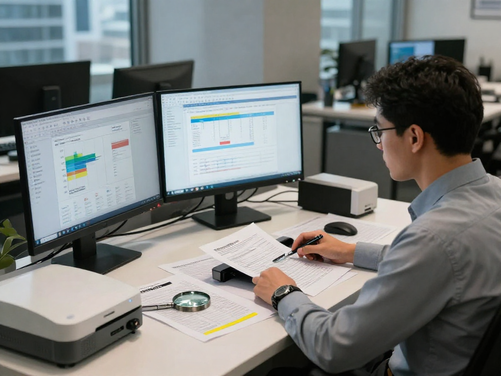 Office analyst reviewing documents with advanced document fraud detection software and analysis tools.