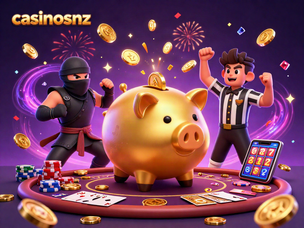 Experience thrilling action with casinosnz as golden piggy bank sumo wrestler slams, coins rain!