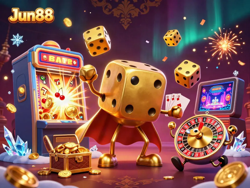 Engage with Jun88's vibrant 3D casino scene filled with golden dice and jackpot excitement.