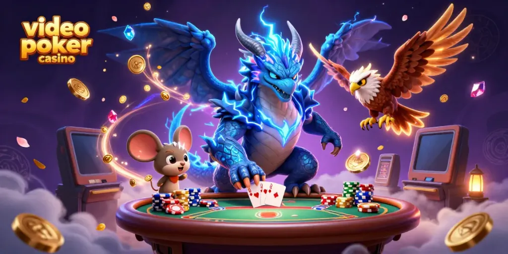 Experience the excitement of video poker casino with a dynamic scene of mythical creatures and vibrant game elements.